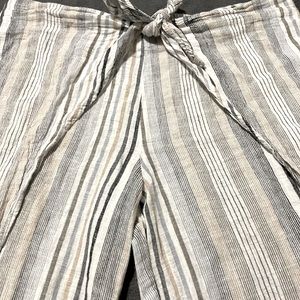 Flared pants, white, blue, grey, yellow.